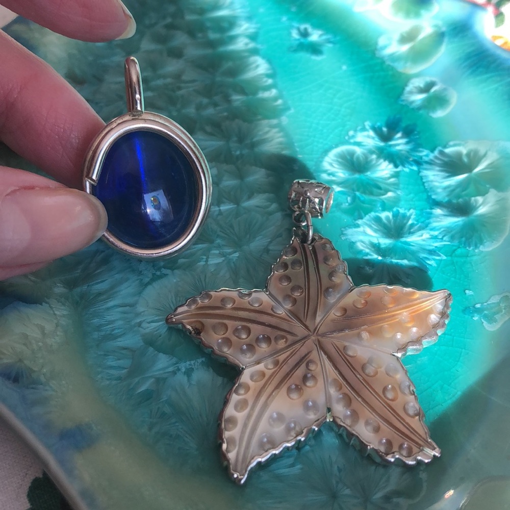 Two Silver or Silver tone Necklace Pendants - (Pendants Only)Starfish Blue Stone